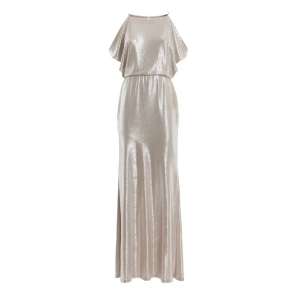white christmas dresses Cowl Neck Champagne A-Line Long Bridesmaid Dress with Slit – FancyVestido main image 1